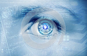 Abstract eye with digital circle. Futuristic vision science and identification concept