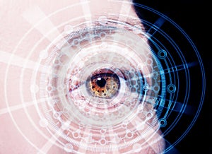 Abstract eye with digital circle. Futuristic vision science and identification concept.