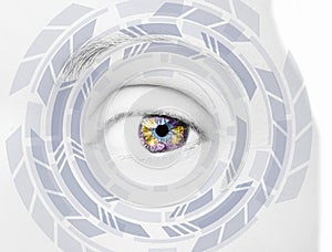 Abstract eye with digital circle. Futuristic vision science and identification concept