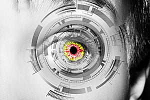 Abstract eye with digital circle. Futuristic vision science and identification concept