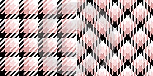 Abstract fabric check pattern in powder pink, rose pink, black, white. Seamless gradient goose foot tartan plaid set for scarf.