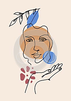 Abstract face art. Woman beautiful portrait with hands and leaves. One line drawing, outline young girl head with