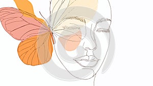 Abstract face with a butterfly in one-line drawing. photo