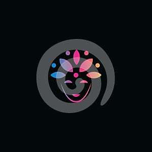 Abstract face and flower petals on head, carnival mask, abstract logo, peaceful smile, vector illustration