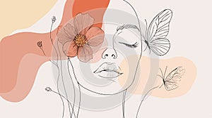 Abstract face with flowers and a butterfly in one-line drawing. photo