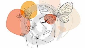 Abstract face with flowers and a butterfly in one-line drawing. photo