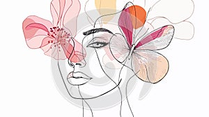 Abstract face with flowers and a butterfly in one-line drawing. photo