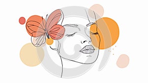 Abstract face with flowers and a butterfly in one-line drawing. photo