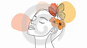 Abstract face with flowers and a butterfly in one-line drawing. photo