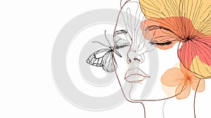Abstract face with flowers and a butterfly in one-line drawing. photo