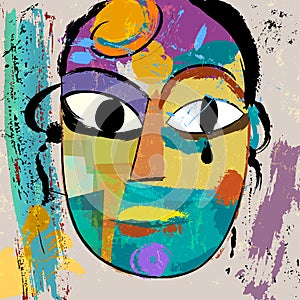 Abstract face or mask, with paint strokes and splashes, art inspired
