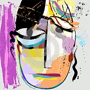 Abstract face or mask, with paint strokes and splashes, art inspired