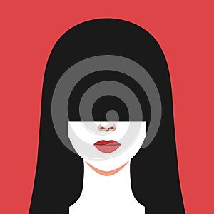 Abstract faceless woman portrait. Brunette female with long bangs covering her eyes. Red lips. Full face portrait