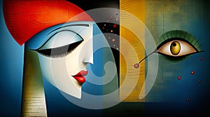 Abstract faces with contrasting artistic styles, featuring bold colors and geometric shapes.