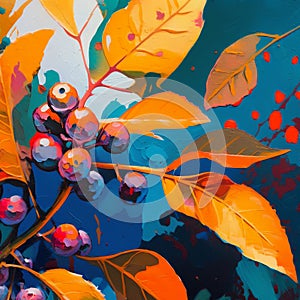 Abstract fall leaves and rowan berry background. Modern autumn nature oil painted art in blue yellow orange colors. Generative AI.
