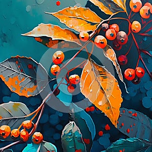 Abstract fall leaves and rowan berry background. Modern autumn nature oil painted art in blue yellow orange colors. Generative AI