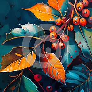 Abstract fall leaves and rowan berry background. Modern autumn nature oil painted art in blue yellow orange colors. Generative AI