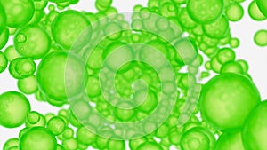 Abstract falling balls with rough surface in green color. Design. Endless flow of green round particles.