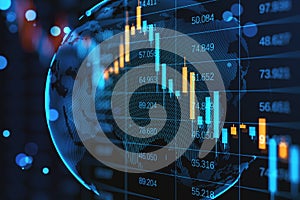 Abstract falling candlestick forex chart and globe on blurry dark index grid background. Finance and crisis concept.