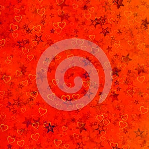 Abstract falling hearts and stars on gradient orange red background