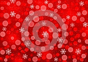 Abstract Falling Snowflakes and Bokeh in Red Background