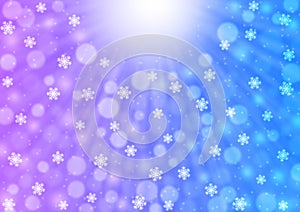 Abstract Falling Snowflakes, Light Rays and Bokeh in Blue and Purple Gradient Background