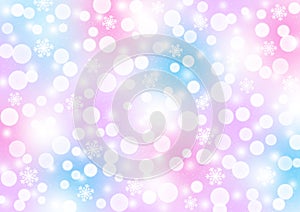 Abstract Falling Snowflakes and Lights Bokeh in Pastel Blue Pink Purple Background