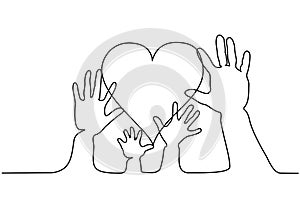 Abstract family hands holding hearts One line