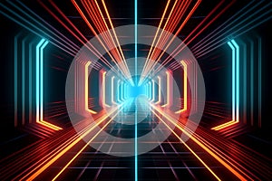 Abstract fantastic tunel with glowing multicolored neon lines.