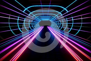 Abstract fantastic tunel with glowing multicolored neon lines.