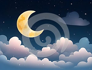 abstract fantasy background. Half moon, stars and clouds on the dark night sky background