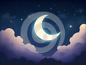 abstract fantasy background. Half moon, stars and clouds on the dark night sky background