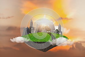 Abstract fantasy green island with cityscape floating in air with sunset sky background,Eco green energy and environment,save eart