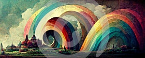 Abstract fantasy rainbow covering landscape with abstract island, rainbow