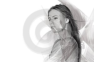 Abstract fantasy woman face. Double exposure. Smiling young woman posing. Female portrait concept