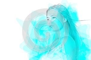 Abstract fantasy woman face. Double exposure. Smiling young woman posing. Female portrait concept