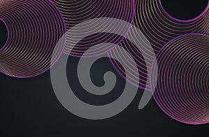 Abstract Fashion gold and purple circles, curved round lines on black background with lighting effect and sparkle with copy space