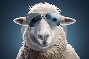 Abstract of fashion style sheep wearing sunglasses portrait isolated on clean png background, sheep fur multi colored colorful on