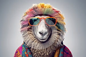 Abstract of fashion style sheep wearing sunglasses portrait isolated on clean png background, sheep fur multi colored colorful on