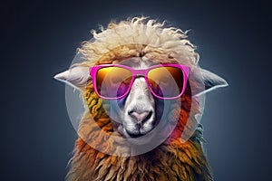 Abstract of fashion style sheep wearing sunglasses portrait isolated on clean png background, sheep fur multi colored colorful on