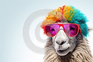 Abstract of fashion style sheep wearing sunglasses portrait isolated on clean png background, sheep fur multi colored colorful on
