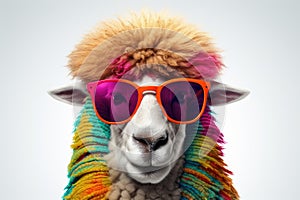 Abstract of fashion style sheep wearing sunglasses portrait isolated on clean png background, sheep fur multi colored colorful on