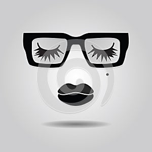 Abstract fashionable lady face with lips, closed eyes, thick eyelashes, and trendy square sunglasses icons on gray gradient