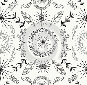 Abstract feather and floral seamless pattern