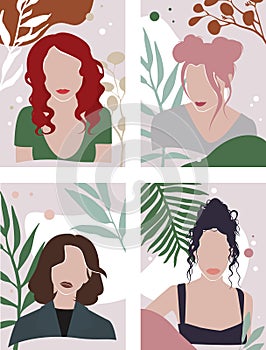 Abstract female poster. Contemporary woman silhouette portrait with leaves, flowers, geometric organic shapes. Modern