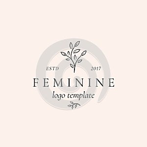 Abstract Feminine Vector Sign, Symbol or Logo Template. Retro Floral Illustration with Classy Typography. Premium