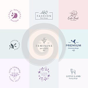 Abstract Feminine Vector Signs, Symbols or Logo Templates Set. Retro Floral Illustration with Classy Typography, Birds