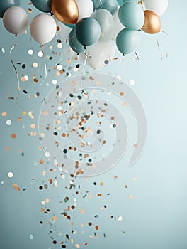 Abstract festive background with balloons floating in the air and confetti falling from the sky. Cyan background. Generative AI