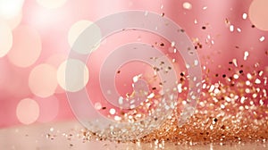 Abstract festive background of pink and gold confetti with a blurred bokeh effect, symbolizing celebration and joy.