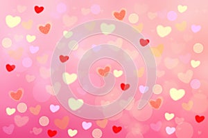 Abstract festive blur bright pink pastel background with colorful hearts love bokeh for wedding card or Valentines day.  Romantic